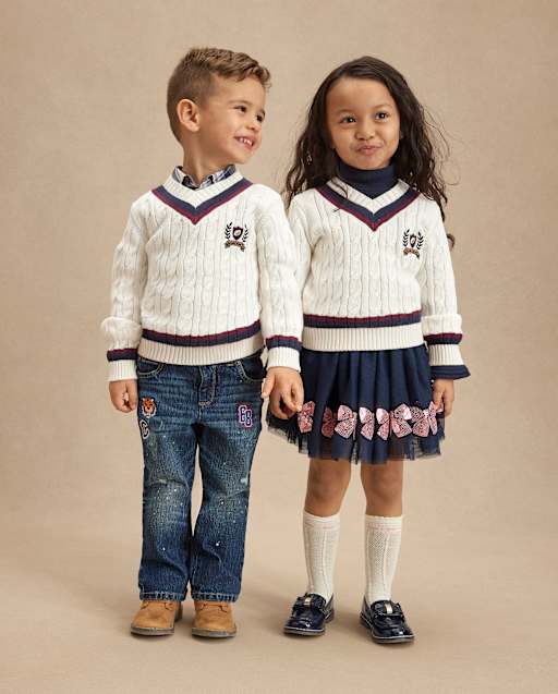 Kids Cable Knit Varsity Sweater - Campus Cuties