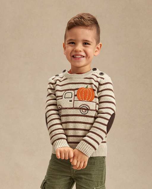 Boys Striped Embroidered Truck Sweater - Fall Celebrations