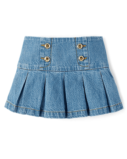 Girls Pleated Button Denim Skirt - Campus Cuties - view 2