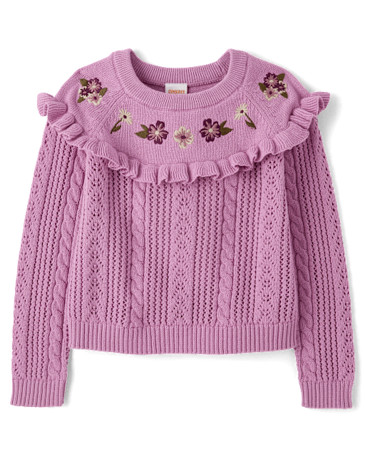 Girls Embroidered Floral Pointelle Ruffle Sweater - Magical Meadows
