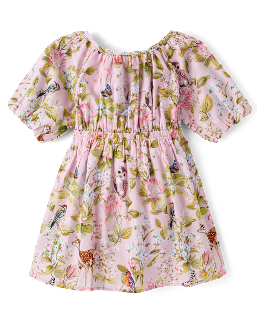 Girls Floral Animal Tie Back Dress - Magical Meadows
