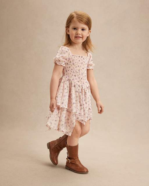 Girls Floral Smocked Chiffon Hanky Hem Dress - Magical Meadows