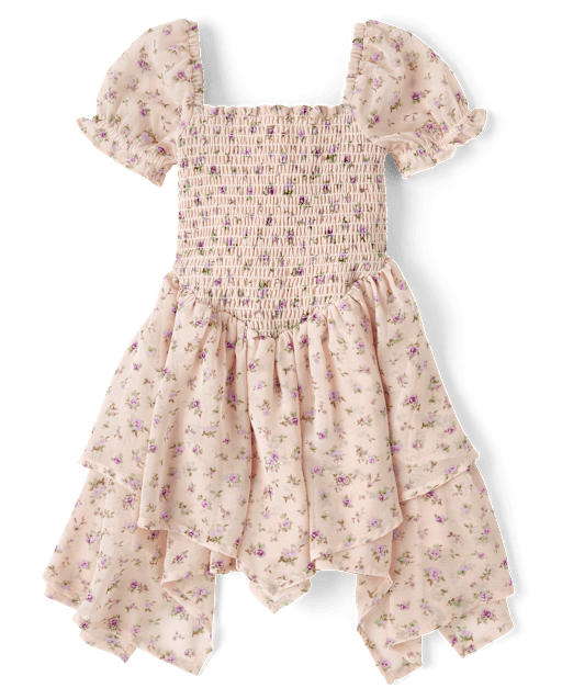 Girls Floral Smocked Chiffon Hanky Hem Dress - Magical Meadows