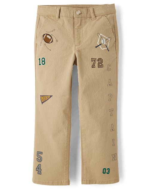 Kids Embroidered Varsity Relaxed Chino Pants - Campus Cuties