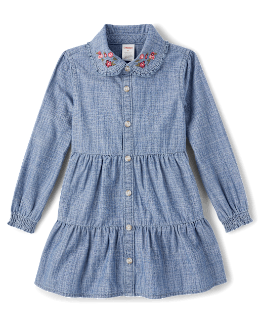 Girls Tiered Chambray Shirt Dress - Fall Celebrations