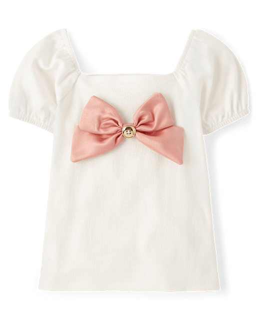 Girls Embroidered Bow Puff Sleeve Top - Campus Cuties