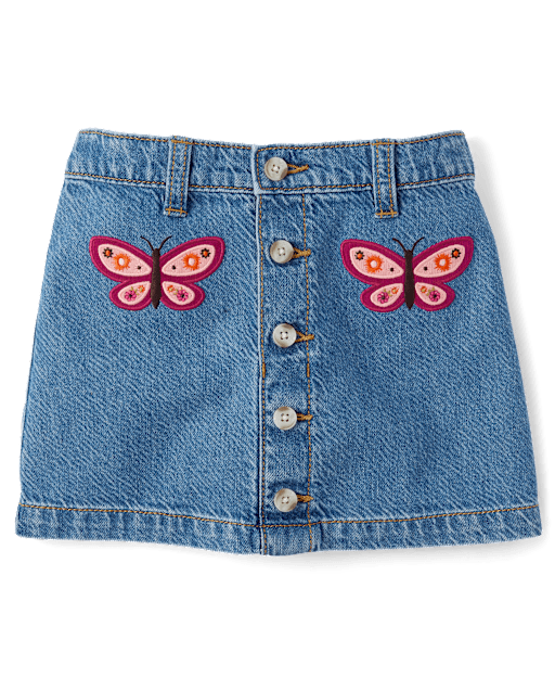 Girls Embroidered Butterfly Button Denim Skirt - Fall Celebrations