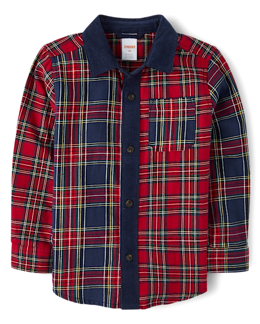 Boys Plaid Colorblock Flannel Button Up Shirt - Royal Christmas