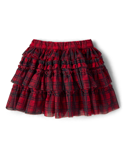 Girls Plaid Mesh Ruffle Skirt - Royal Christmas
