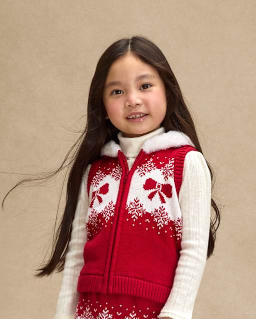 Girls Bow Fairisle Hooded Sweater Vest - Royal Christmas