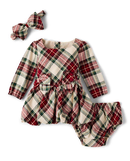 Baby Girls Plaid Bow Flannel Bubble Dress - Royal Christmas