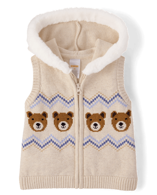Girls Bear Fairisle Zip Up Vest - First Frost