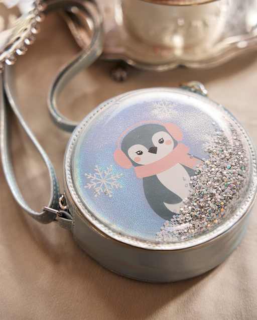 Girls Shakey Glitter Penguin Round Bag - First Frost