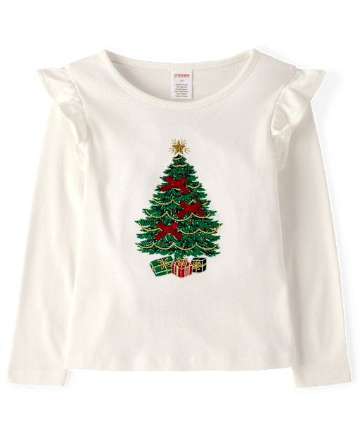 Girls Embroidered Christmas Tree Flutter Top - Royal Christmas