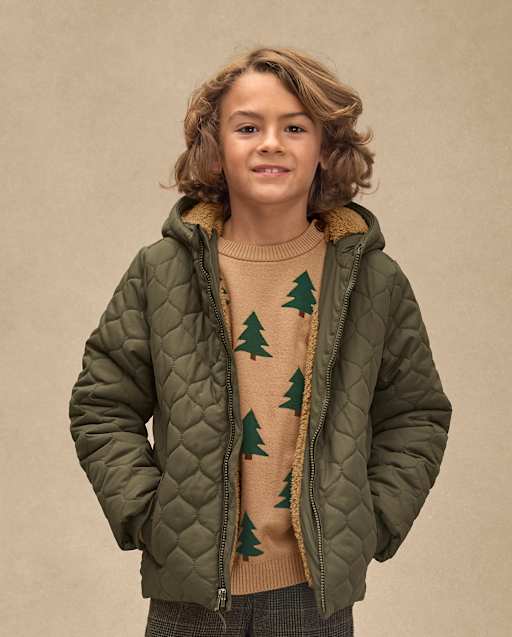 Boys Long Sleeve Quilted Sherpa Lined Puffer Jacket - Royal Christmas