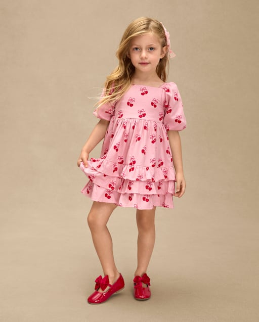 Girls Cherry Heart Flannel Tiered Dress - Mon Cheri