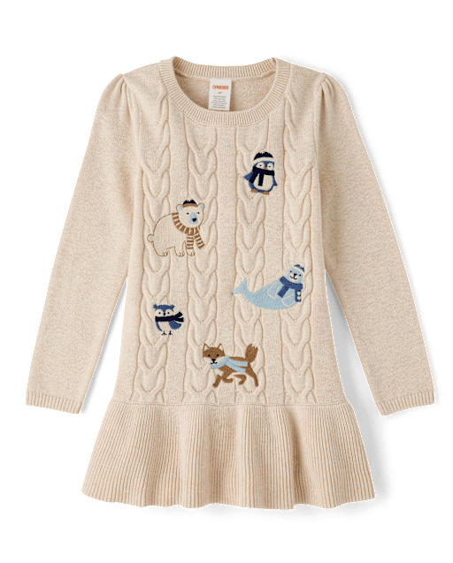 Girls Embroidered Polar Animals Peplum Sweater Dress - First Frost