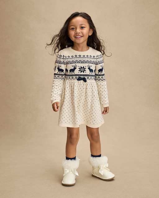 Girls Reindeer Fairisle Sweater Dress - First Frost