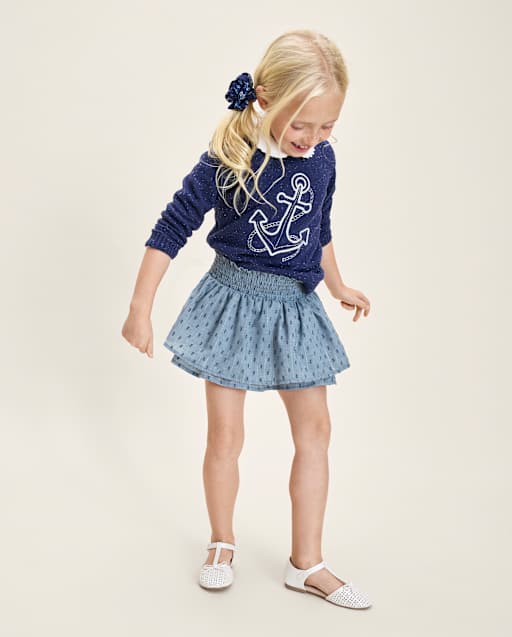 Girls Smocked Clip Dot Tiered Skort - Driftwood Bay - view 1