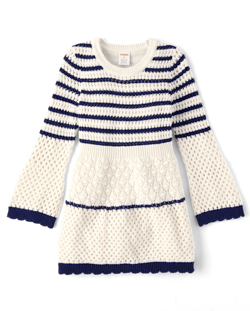Girls Striped Crochet Sweater Dress - Driftwood Bay - view 1