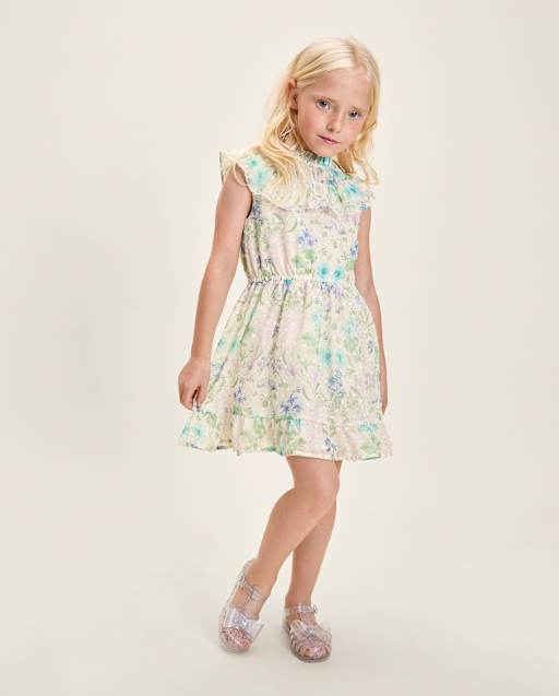 Girls Floral Clip Dot Ruffle Dress - Enchanted Garden