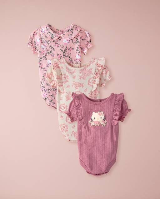 Baby Girls Hello Kitty® Floral Toile Bodysuit 3-Pack