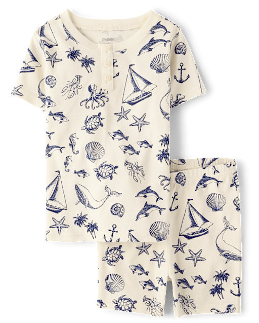 Boys Coastal Toile Snug Fit Cotton Henley Pajamas - Gymmies - view 1