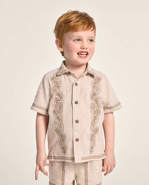 Boys Embroidered Tropical Leaf Linen-Blend Button Up Shirt - Amalfi Coast - view 1