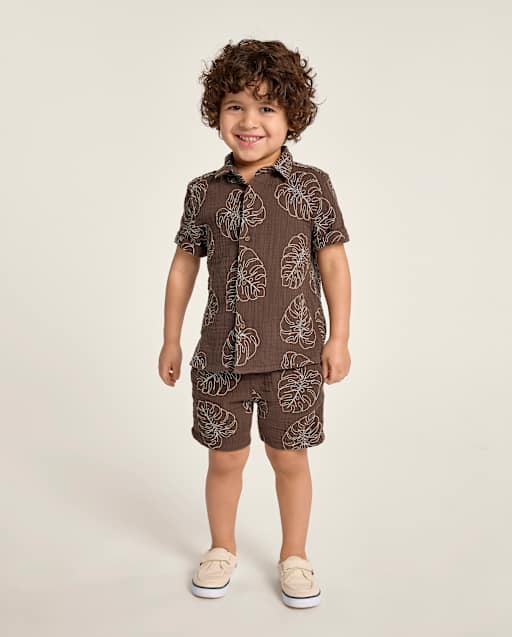 Boys Embroidered Tropical Leaf Gauze Pull On Shorts - Amalfi Coast - view 1