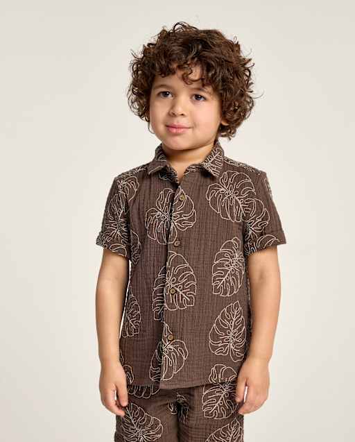 Boys Embroidered Tropical Leaf Gauze Button Up Shirt - Amalfi Coast - view 1