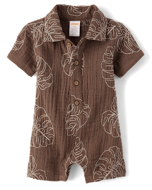 Baby Boys Embroidered  Tropical Leaf Gauze Romper - Amalfi Coast - view 1