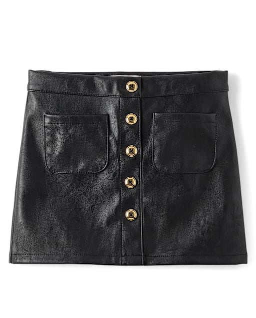 Girls Button Faux Leather Skirt - The Leopard Edit - view 2