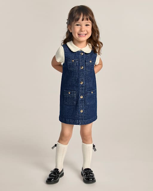 Girls Button Denim Shift Dress - The Leopard Edit