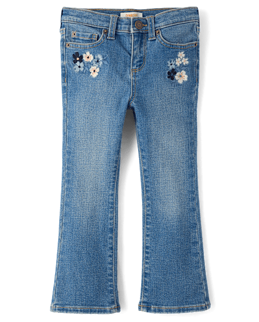 Girls Embroidered Floral Flare Jeans - Blue Sky Mountain - view 2