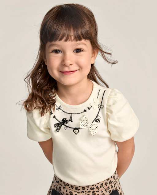 Girls Embroidered Necklace Puff Sleeve Top - The Leopard Edit
