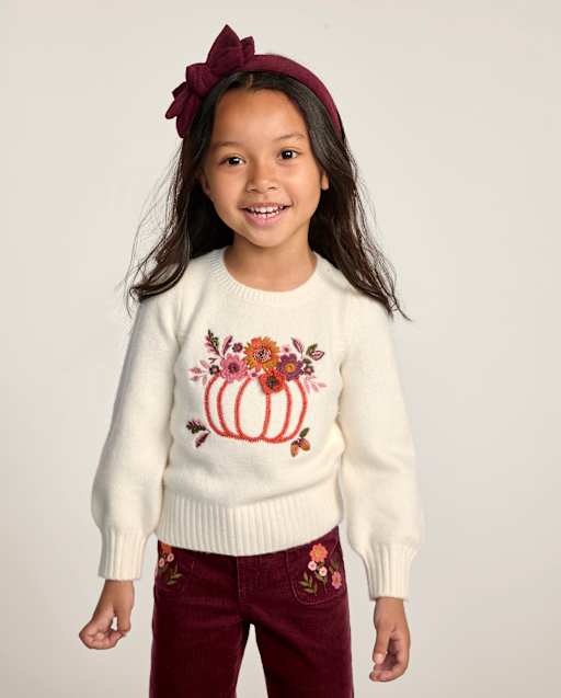 Girls Embroidered Floral Pumpkin Sweater - The Harvest Edit - lbl_product_image_view_1