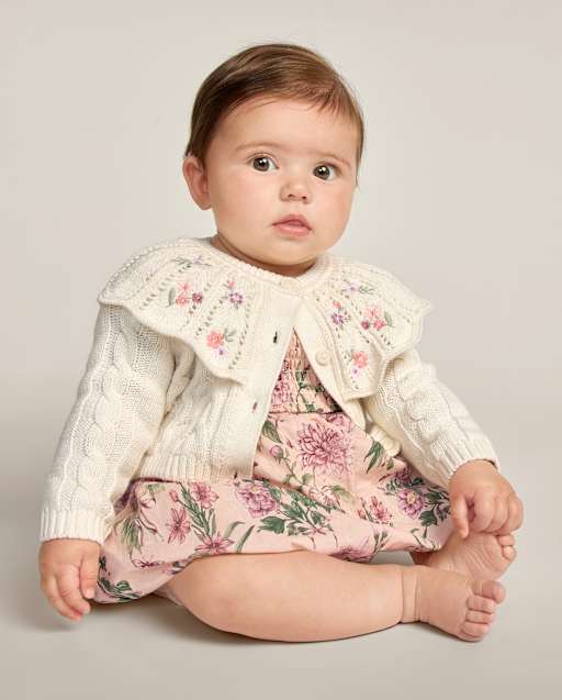 Baby Girls Embroidered Floral Cable Knit Ruffle Cardigan - Countryside Manor