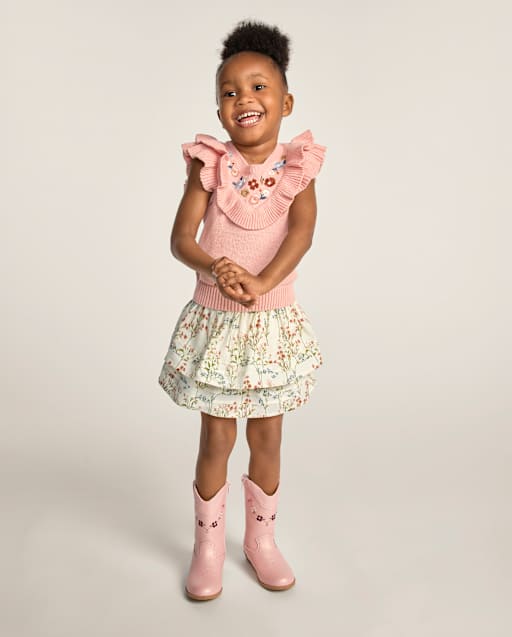 Girls Floral Pintuck Tiered Ruffle Skort - Blue Sky Mountain