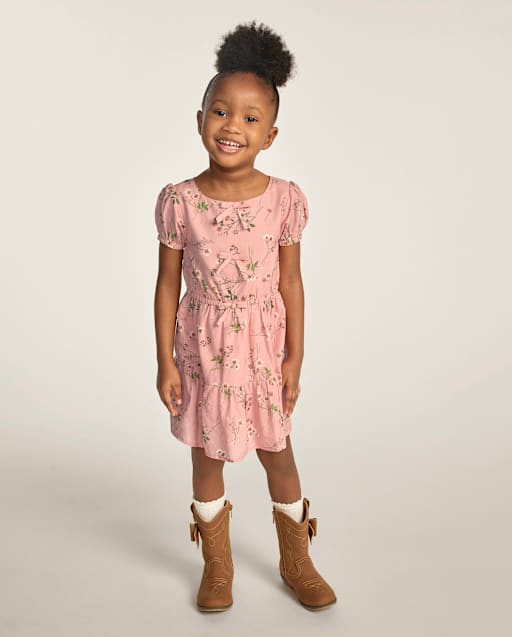 Girls Floral Bow Puff Sleeve Dress - Blue Sky Mountain - lbl_product_image_view_1