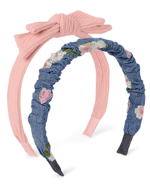 Girls Embroidered Floral Bow Headband 2-Pack - Blue Sky Mountain