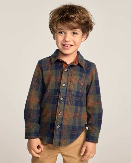 Boys Plaid Cozy Knit Button Up Shirt - Countryside Manor