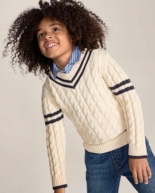 Kids Tipped Cable Knit V-Neck Sweater - Collegiate Club