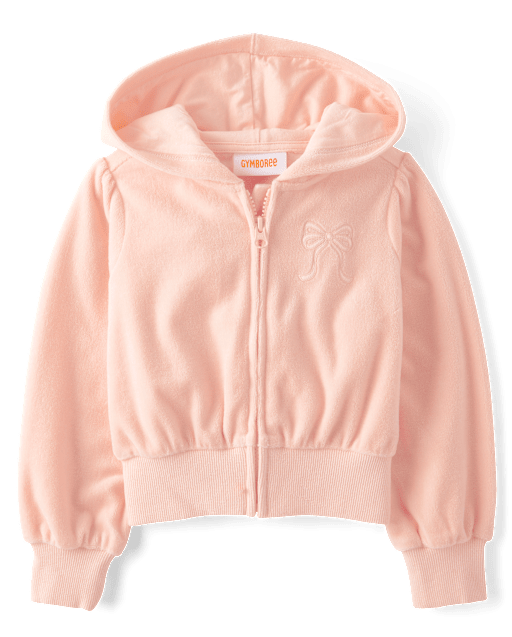 Girls Embroidered Bow Velour Zip Up Hoodie - Le Petite Ballet