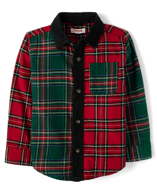 Boys Plaid Colorblock Button Up Shirt - Tartan Remix