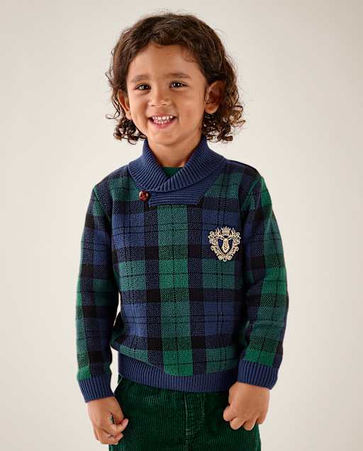 Boys Plaid Shawl Collar Sweater - Tartan Remix