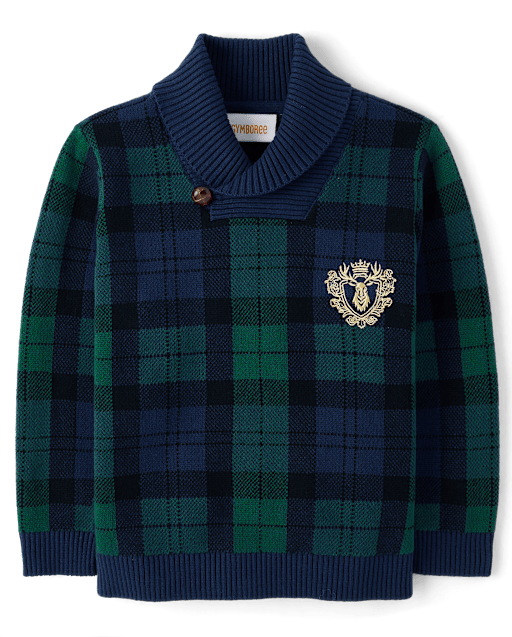 Boys Plaid Shawl Collar Sweater - Tartan Remix