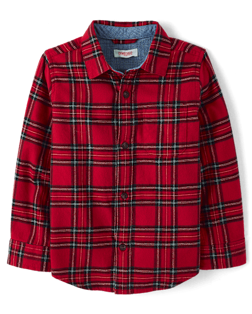 Boys Plaid Flannel Long Sleeve Button Front Woven Shirt