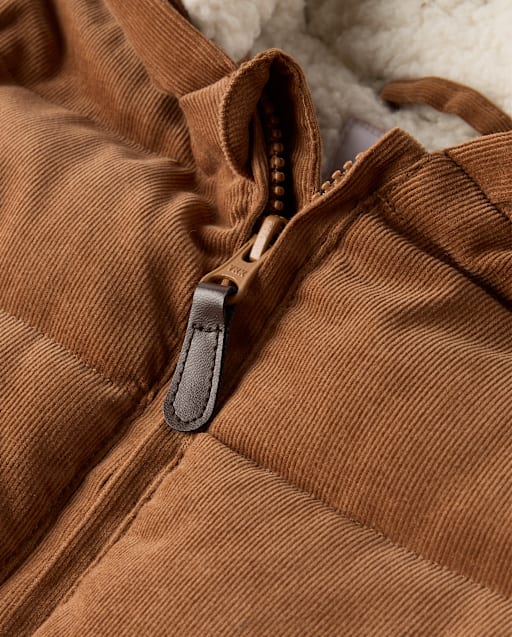 Boys Corduroy Sherpa-Lined Hooded Puffer Jacket - Little Essentials - view 2
