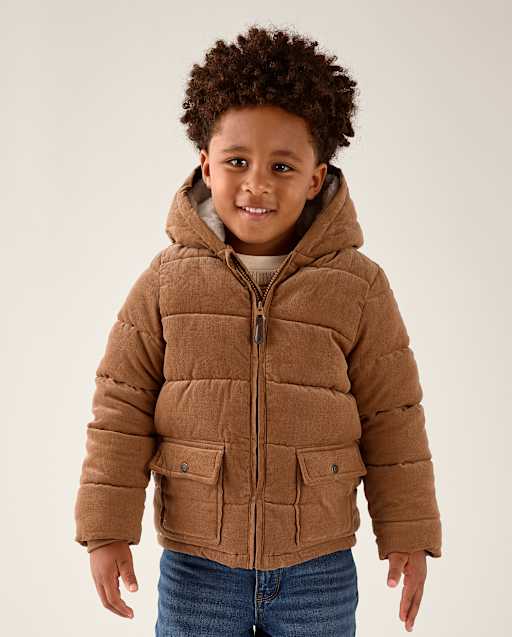 Boys Corduroy Sherpa-Lined Hooded Puffer Jacket - Little Essentials