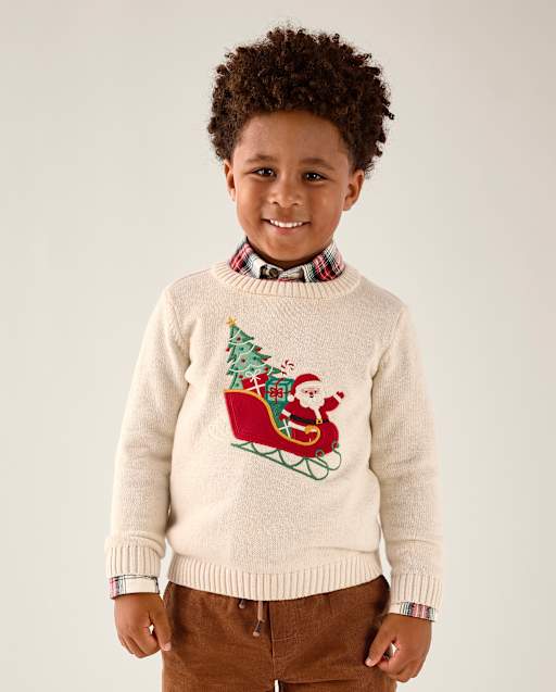 Boys Embroidered Sleigh Sweater - Tartan Remix - view 1